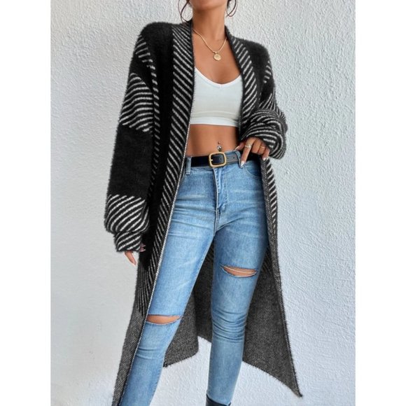 so soft comfy open front striped print fuzzy sweater knit duster cardigan black - Picture 6 of 6